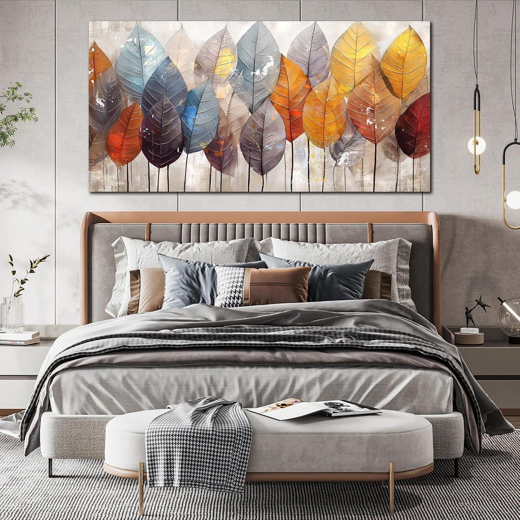 ENTANUB Leaf Wall Art for Living Room, Gold Autumn Canvas Wall Art for Bedroom, Tree Print Painting for Office, Large Size 60x30 Inches
