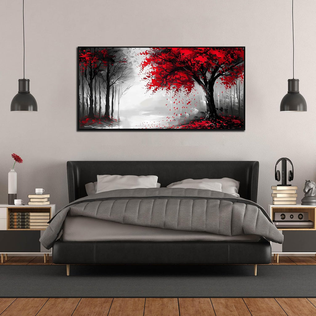Large Canvas Wall Art for Living Room Black White and Red Tree of Life Print Pictures Painting With Black Wood Framed Wall Decor for Bedroom Modern Home Forest Wall Decorations Artwork Size 30x60 Ready to Hang
