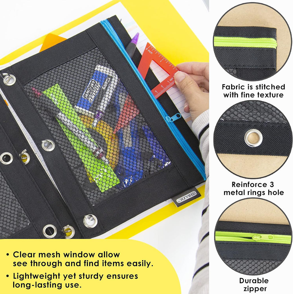 BAZIC Products Pencil Pouch 3 Ring Binder Pouch w/Rivet Enforced Rings Holes, Neon Black Color Mesh Window Zipper Pouches, 144-Pack