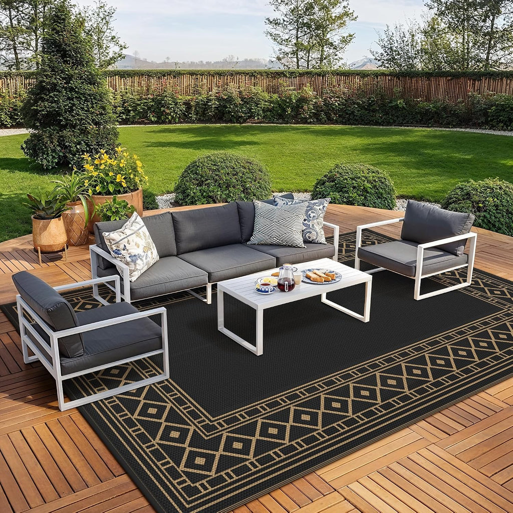 GENIMO Outdoor Rug Waterproof for Patio Decor, 10'x20' Foldable Reversible Plastic Straw Carpet, Outside Area Mat for Rv, Deck, Picnic, Porch, Camper, Balcony, Beach, Black & Brown