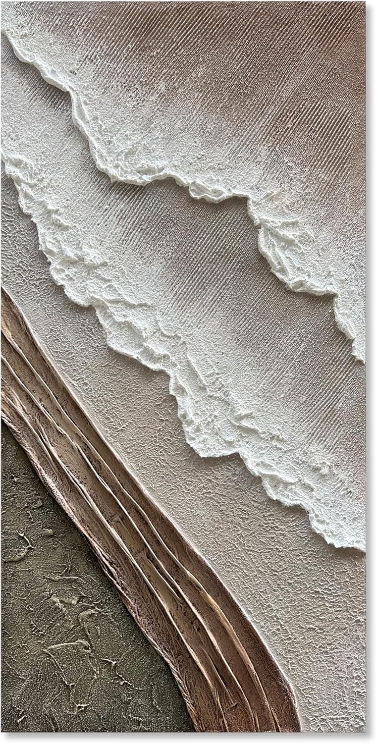 Hand Painted Thick Texture Art Oil Painting on Brown and White Beach Waves Landscape Art Home Wall Decorative Painting 48x24 Inches