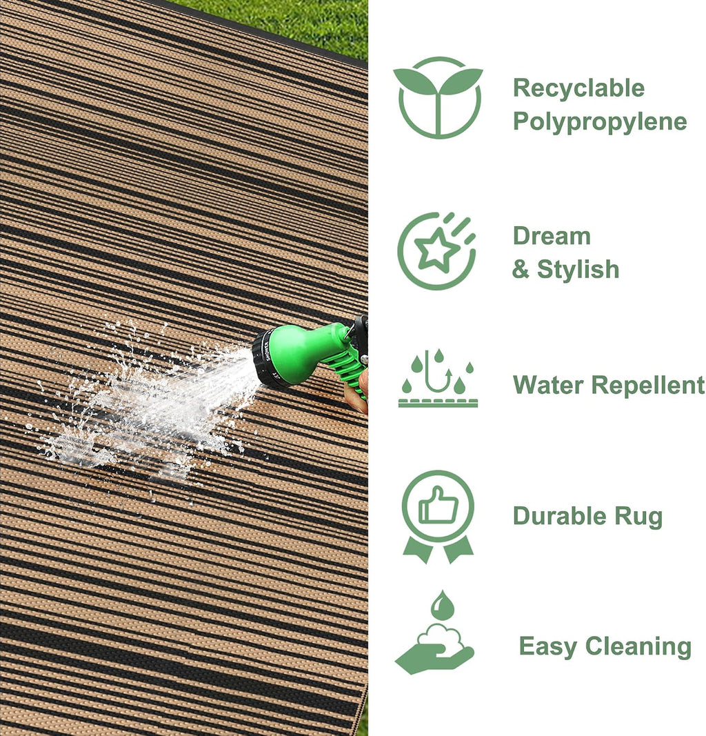 GENIMO Outdoor Rug 10x14 ft Waterproof, Reversible Plastic Straw Patio Rug for RV Camping Mat, Deck, Backyard Balcony Mat - Lightweight & Easy to Clean, BlackBrown