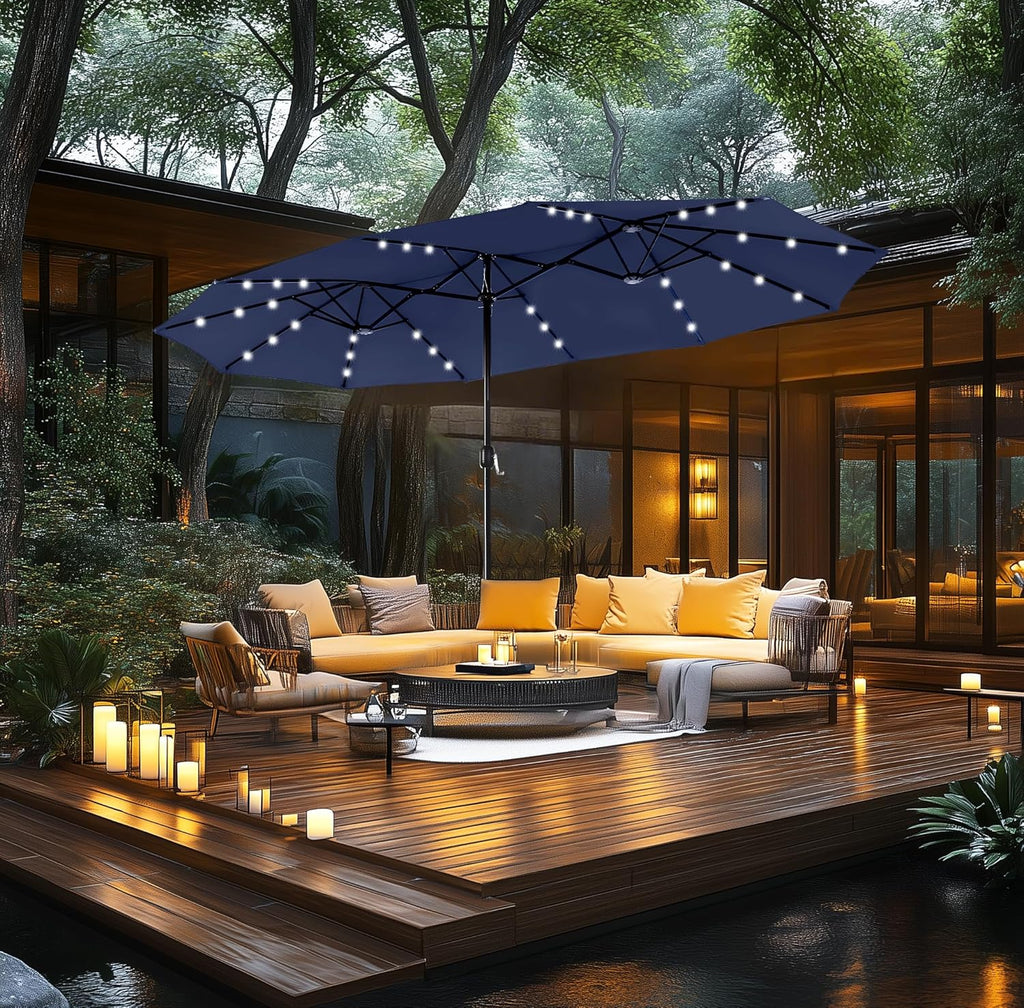 MFSTUDIO 15ft Double Sided Patio Umbrella with Solar Lights, Outdoor Large Umbrellas with Crank Handle and 36 LED Lights, Rectangular Market Umbrella with Base Included for Deck Pool Shade, Navy Blue