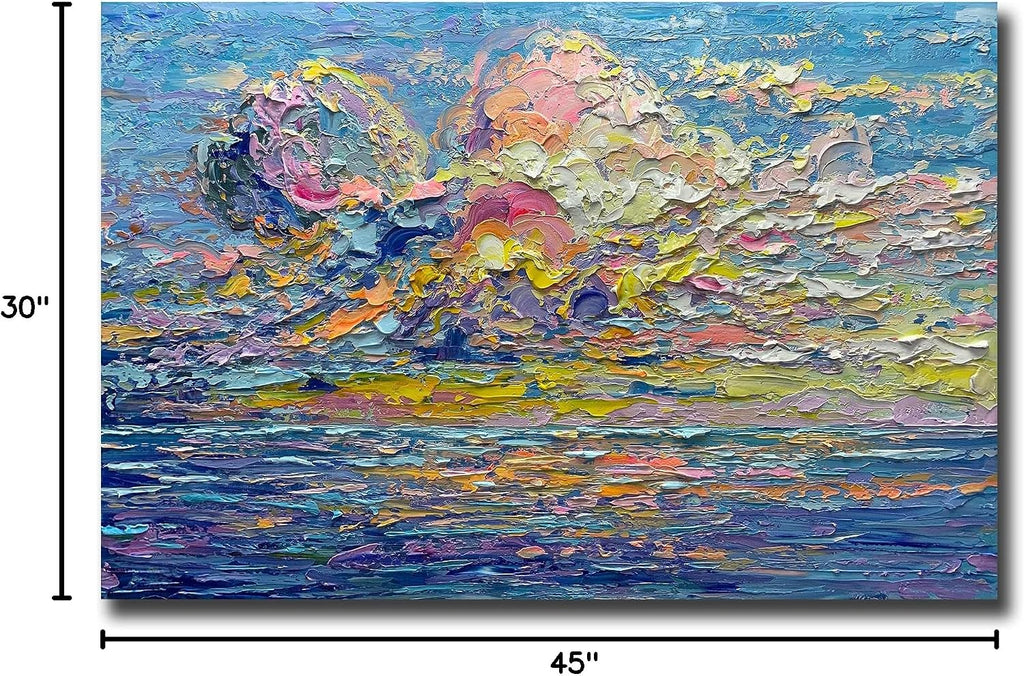 V-inspire Art,Sunset Painting on Canvas, 32x48 inches, Abstract Hand Drawn Oil and Acrylic, Blue, Decorative Wall Art for Living Room Bedroom Dining Room Office