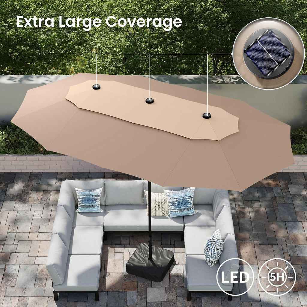 PHI VILLA 15ft 2-Tier Large Patio Umbrella with Solar Lights, Double-Sided Outdoor Market Rectangle Umbrellas with 36 LED Lights, Umbrella Base (Stand) Included, Beige&Tan