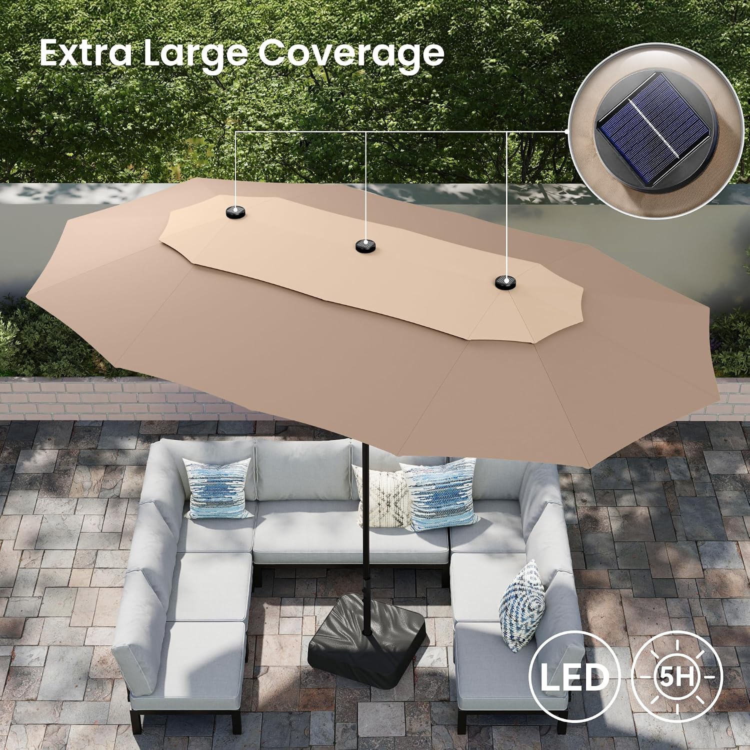 PHI VILLA 15ft 2-Tier Large Patio Umbrella with Solar Lights, Double-Sided Outdoor Market Rectangle Umbrellas with 36 LED Lights, Umbrella Base (Stand) Included, Beige&Tan
