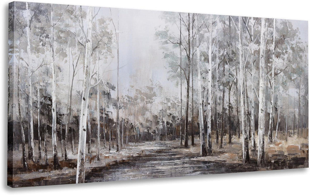 White Birch Tree Wall Art Grey Forest Painting Abstract Canvas Art Landscape Panoramic Picture Nature Artwork Framed for Living Room Bedroom Dinning Room Home Office Wall Decor 59'x28'