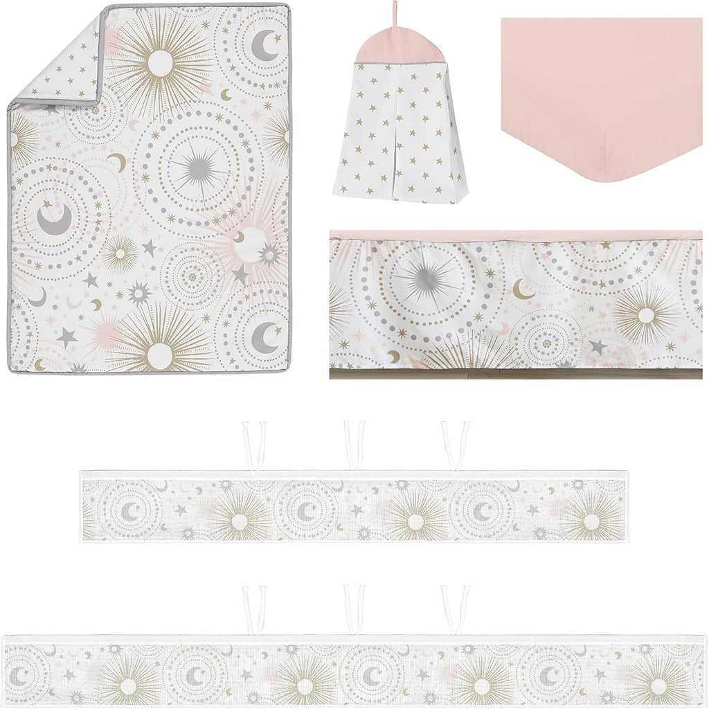 Sweet Jojo Designs Blush Pink Gold Star and Moon Girl Baby Crib Bedding Set Infant Nursery BreathableBaby Breathable Mesh Crib Liner Blanket Sheet Skirt 6 PC Grey Celestial Sky Stars Gray Shabby Chic