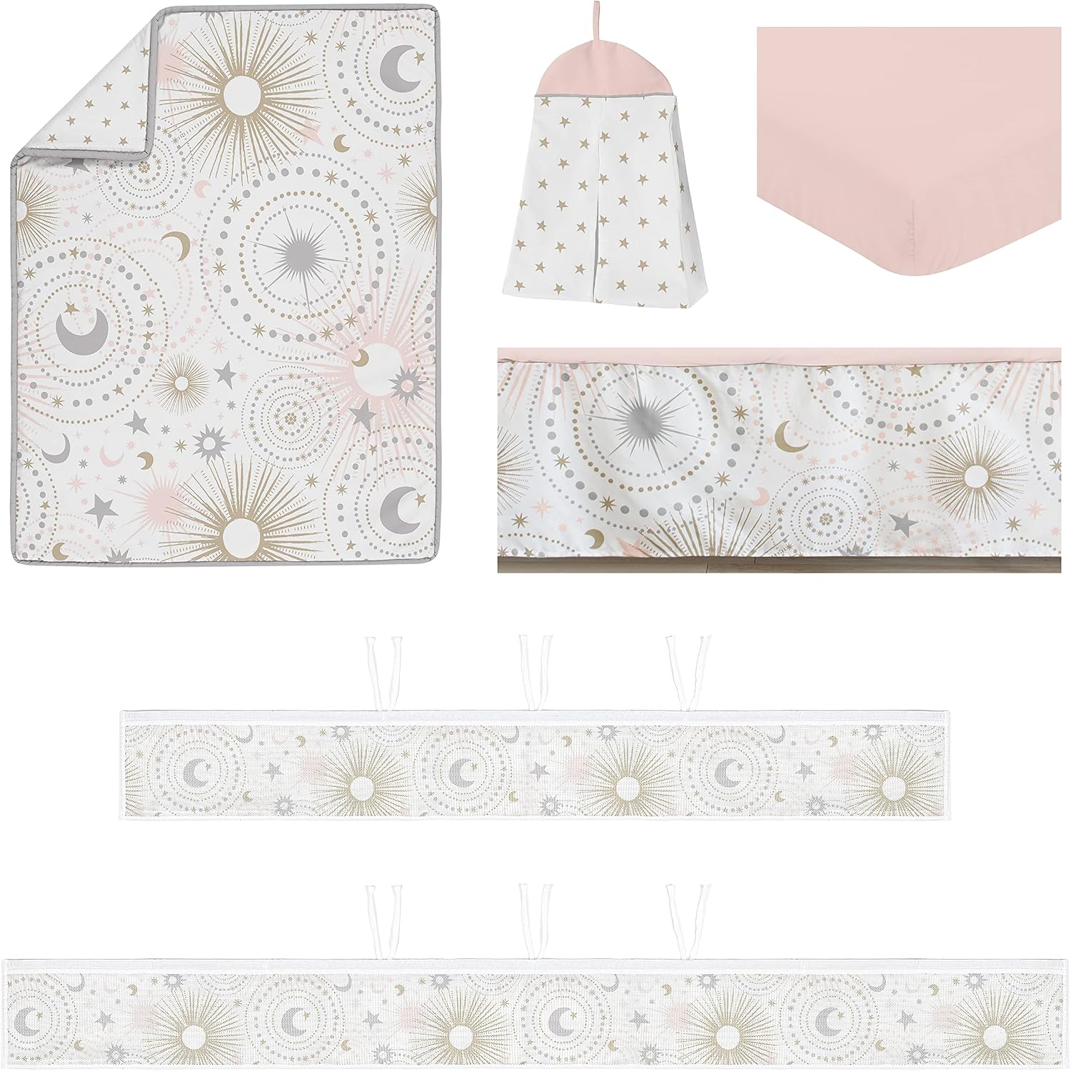Sweet Jojo Designs Blush Pink Gold Star and Moon Girl Baby Crib Bedding Set Infant Nursery BreathableBaby Breathable Mesh Crib Liner Blanket Sheet Skirt 6 PC Grey Celestial Sky Stars Gray Shabby Chic
