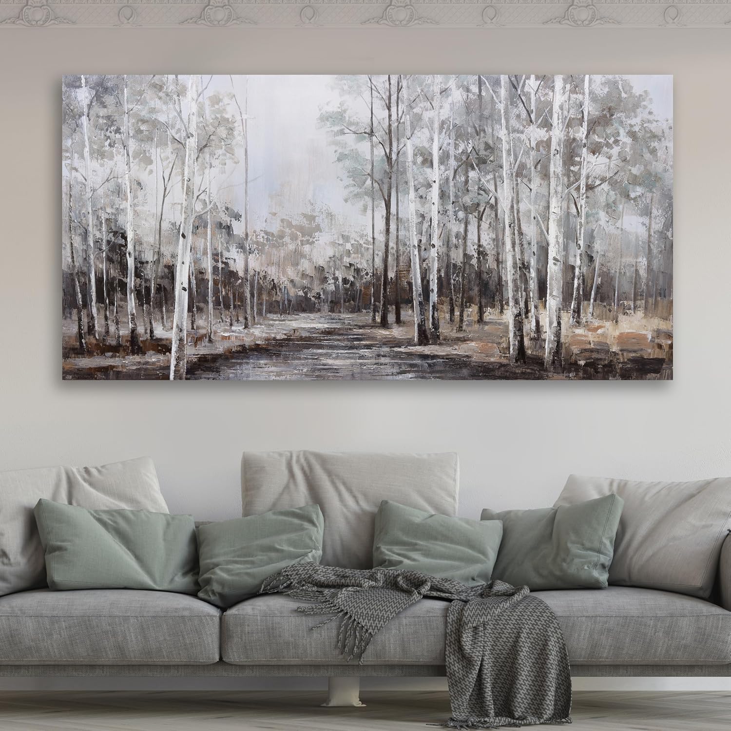 White Birch Tree Wall Art Grey Forest Painting Abstract Canvas Art Landscape Panoramic Picture Nature Artwork Framed for Living Room Bedroom Dinning Room Home Office Wall Decor 59'x28'