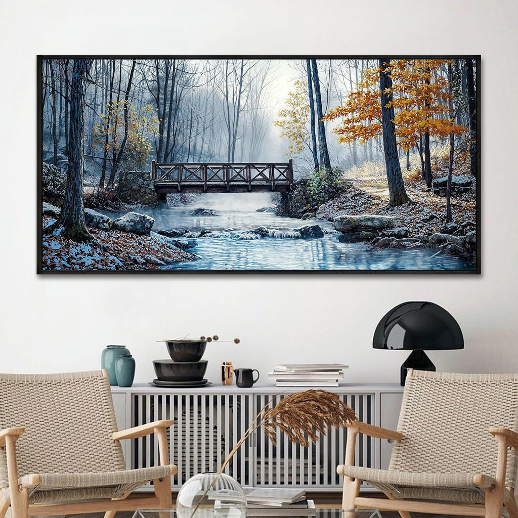 yiijeah Extra Large Living Room Wall Art - Modern Wall Decor for Bedroom Office Decor Mountain Forest Landscapes Village Bridge Painting Framed Canvas Prints Ready to Hang Pictures Home Decor