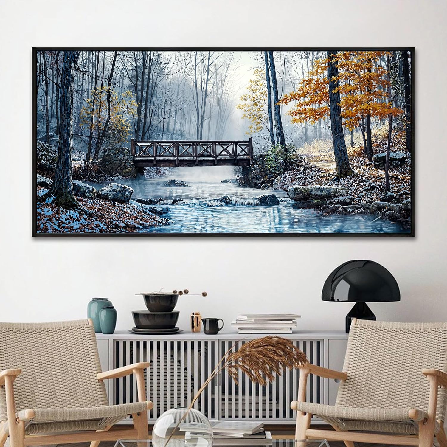 yiijeah Extra Large Living Room Wall Art - Modern Wall Decor for Bedroom Office Decor Mountain Forest Landscapes Village Bridge Painting Framed Canvas Prints Ready to Hang Pictures Home Decor