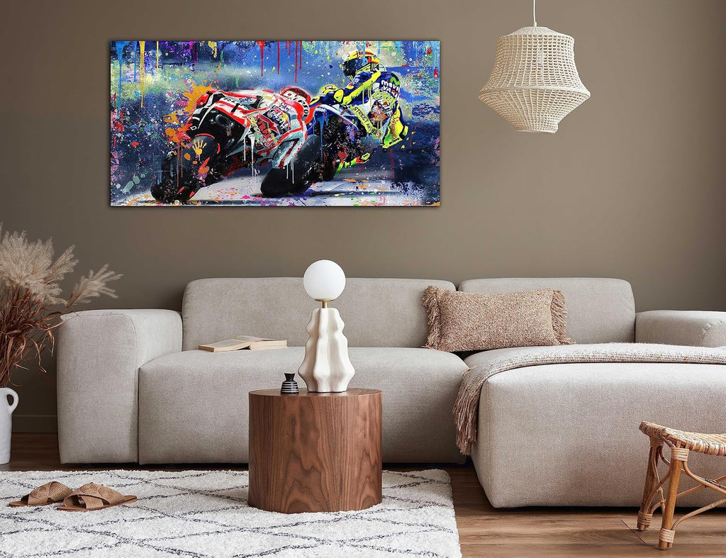 CANEITO Motorcycle Wall Art Living Room, Graffiti Racer Picture Wall Painting Bedroom, Large Sports Canvas Print Posters Wall Decor for Man, 29 x 59 Inch