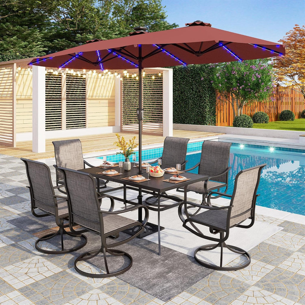 PHI VILLA 13ft Patio Umbrella with Solar-Powered 120 PCS LED Color-Changing Lights, Triple-Head Large Rectangle Umbrella Outdoor Patio for Table with Crank Lift,Dark Red(No Base)
