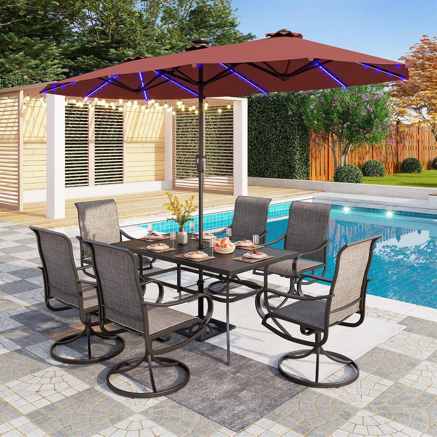PHI VILLA 13ft Patio Umbrella with Solar-Powered 120 PCS LED Color-Changing Lights, Triple-Head Large Rectangle Umbrella Outdoor Patio for Table with Crank Lift,Dark Red(No Base)