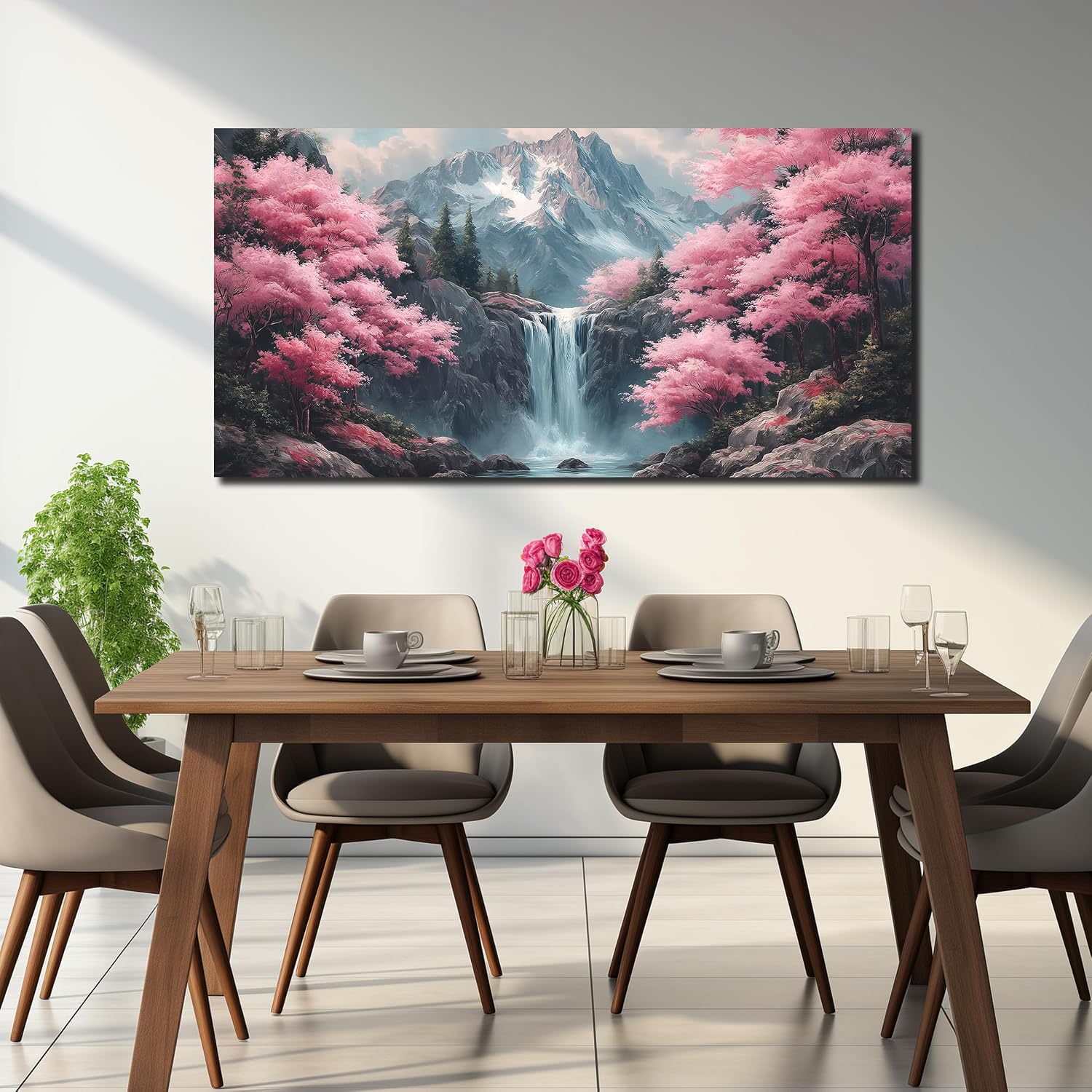 Natural Landscape Pictures for Living Room Mountain Waterfall Pink Tree Wall Decoration,Large Wall Art for Office Ready to Hang 29 x 58 Inch