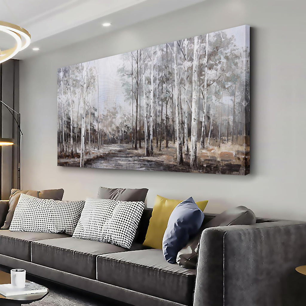 White Birch Tree Wall Art Grey Forest Painting Abstract Canvas Art Landscape Panoramic Picture Nature Artwork Framed for Living Room Bedroom Dinning Room Home Office Wall Decor 59'x28'