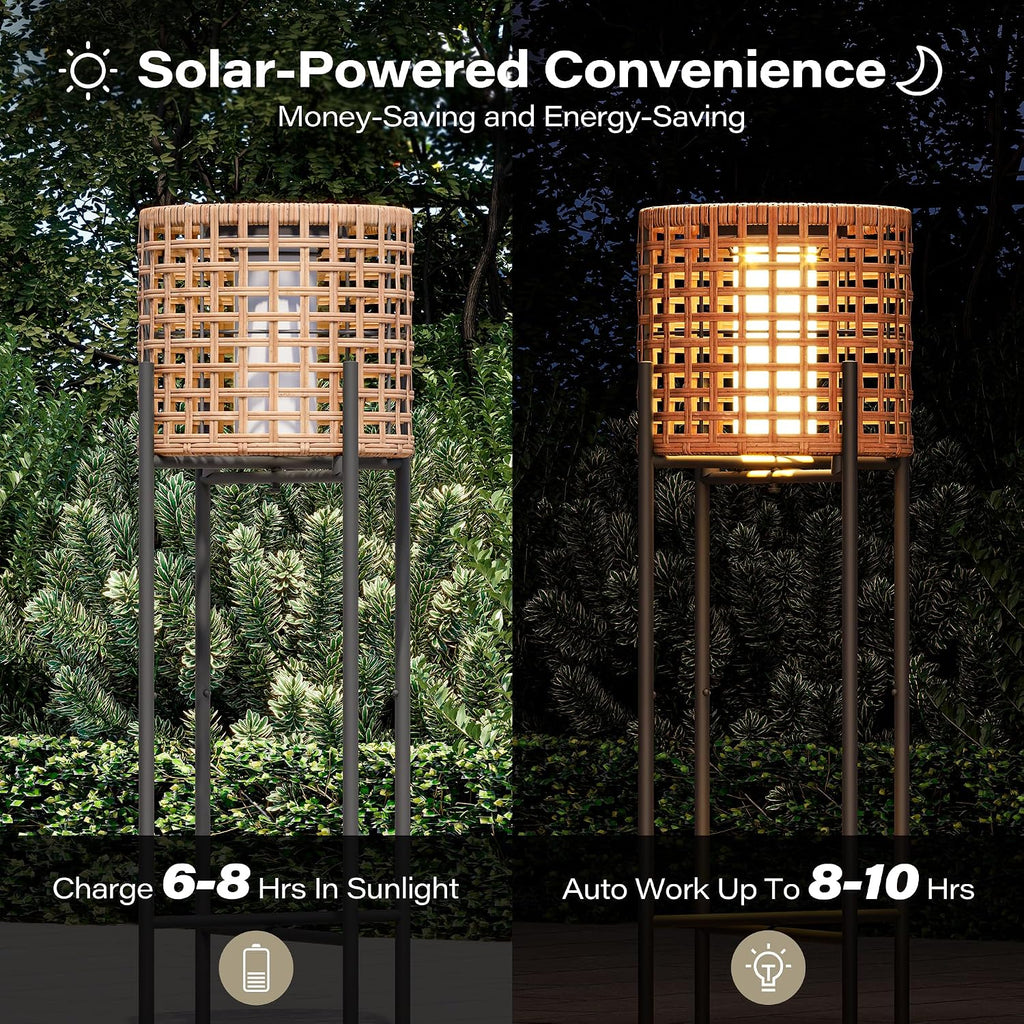 LAUSAINT HOME Solar Powered Outdoor Floor Lamp with Auto On/Off LED Light, Waterproof Wicker Patio Floor Lights, Boho Rattan Floor Lantern (2 Floor Lamps)