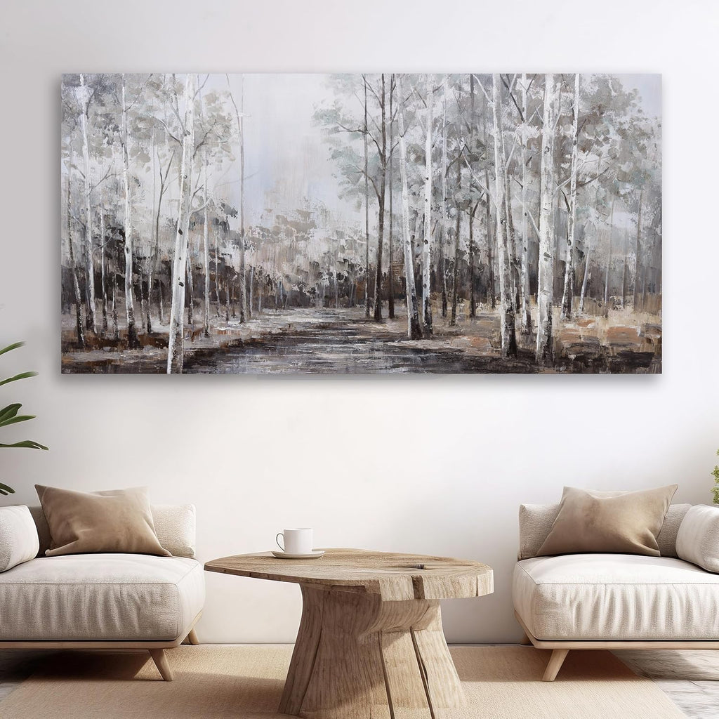 White Birch Tree Wall Art Grey Forest Painting Abstract Canvas Art Landscape Panoramic Picture Nature Artwork Framed for Living Room Bedroom Dinning Room Home Office Wall Decor 59'x28'