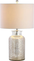 JONATHAN Y 24.5' Mercury Silver Trellis Glass Table Lamp for Living Room, White Linen Shade, Modern Bedside Nightstand Lamp for Bedroom, LED Bulb Included, UL Listed JYL1063A