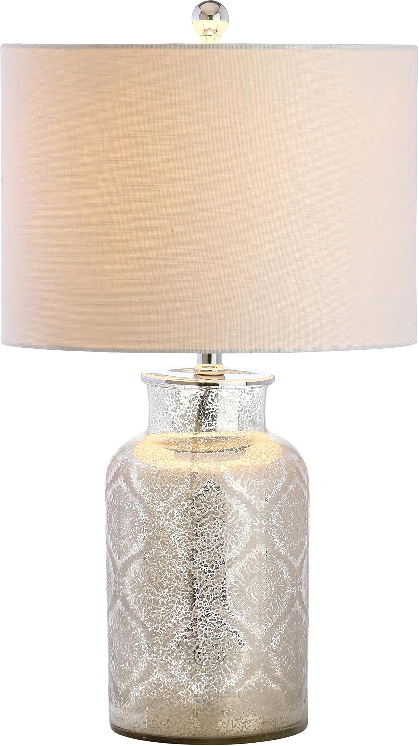 JONATHAN Y 24.5' Mercury Silver Trellis Glass Table Lamp for Living Room, White Linen Shade, Modern Bedside Nightstand Lamp for Bedroom, LED Bulb Included, UL Listed JYL1063A