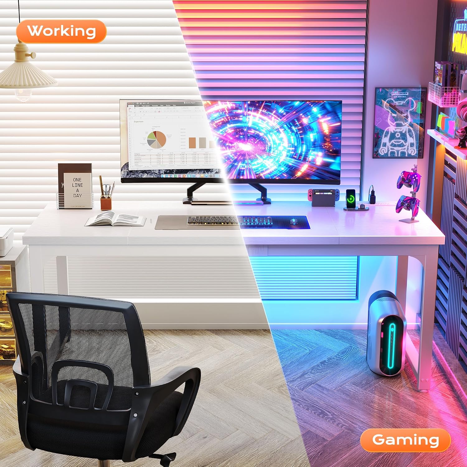 Huuger 63 x 24 inch Desk with Power Outlets & USB-C, Deeper & Thicker Desktop, Robust Metal Tubes, Computer Desk, Heavy Duty Office Desk, Work Gaming Desk, for Home Office, White