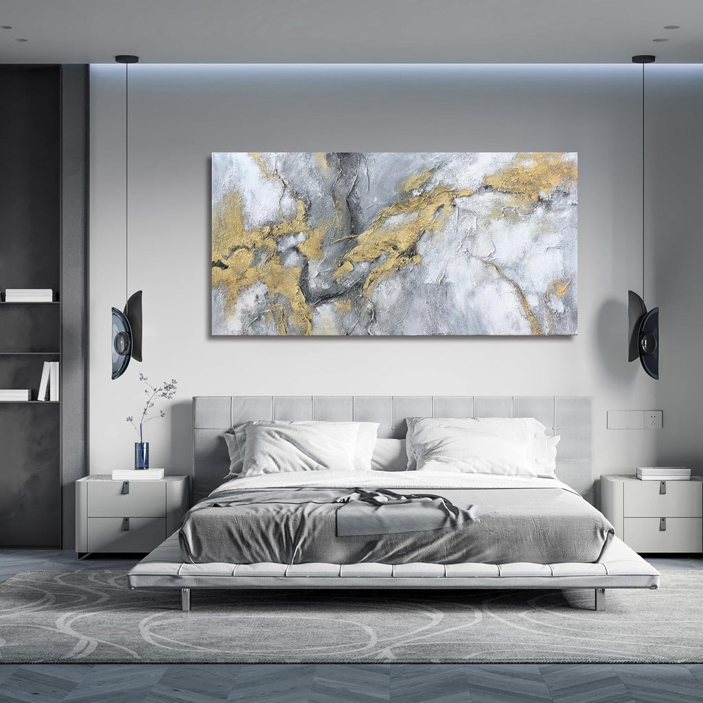Belmrxne Abstract Wall Art for Living Room Large Grey and Gold Wall Decor Unique Canvas Painting Luxury Wall Prints Aesthetic Bedroom Hanging Artwork 29x58 Inches