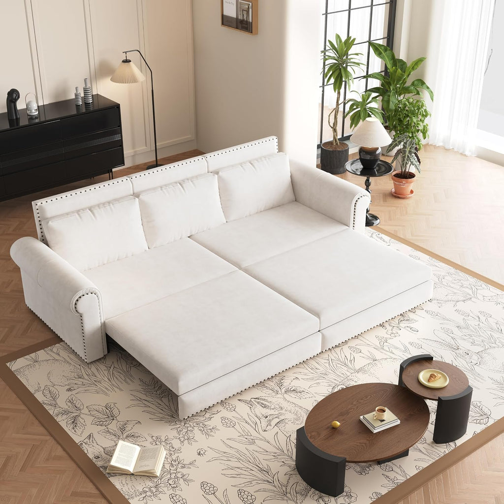 93.7' Pull Out Sofa Bed King Size with Pillows,3-in-1 Convertible Sleeper Couch with Nails Trim,Velvet Upholstered 3 Seater Sofabed for Living Room,Beige