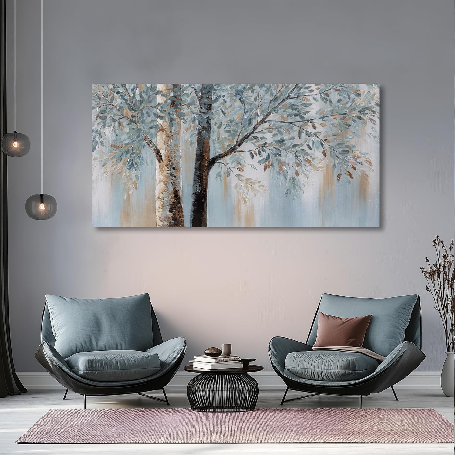 Tree Wall Art Bule Tree Painting Abstract Canvas Art Nature Artwork Framed for Living Room Bedroom Dinning Room Home Office Wall Decor 29'x58'