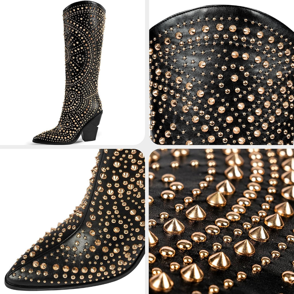 iiimmu Womens Boots Pointed Toe and Chunky Heel Boots for Women Luxurious Studded Boots Tall Boots with Metallic Rivets, White/Black Size US 5-12