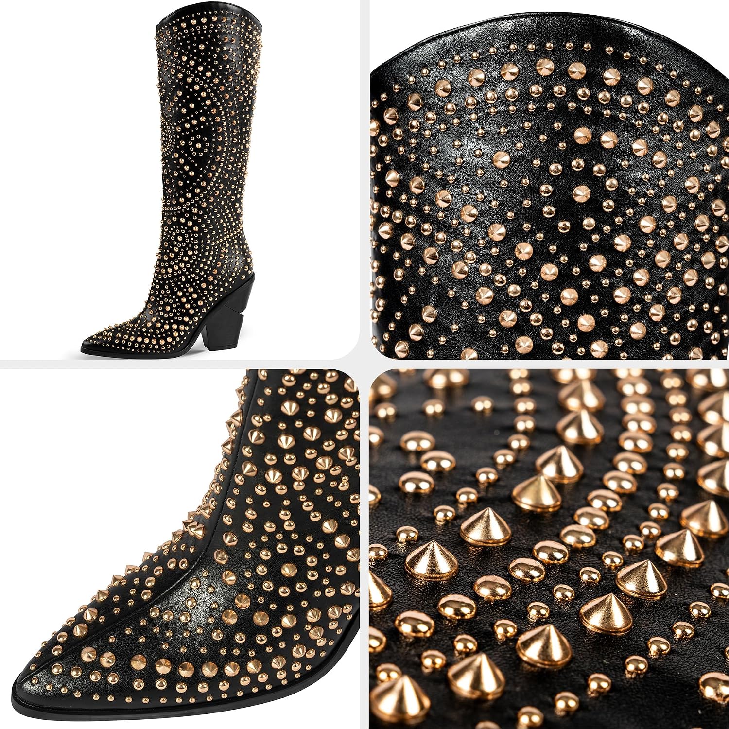 iiimmu Womens Boots Pointed Toe and Chunky Heel Boots for Women Luxurious Studded Boots Tall Boots with Metallic Rivets, White/Black Size US 5-12