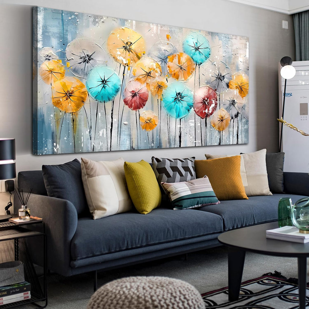 ENTANUB Dandelion Wall Art for Living Room, Flower Canvas Wall Picture for Bedroom, Colorful Print Painting Decor, Large Size 60x30 Inches