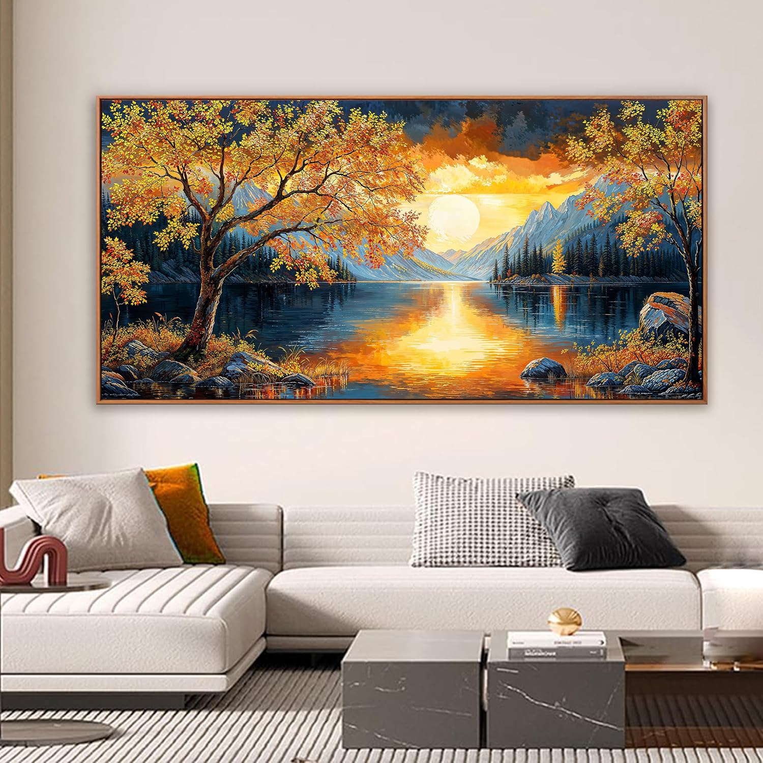 Large Wall Art For Living Room Canvas Art Wall Decor Modern Artwork Gold Tree River Sunrise Landscape Paintings Print Pictures For Bedroom Apartment Office Mural Aesthetic Artwork 29 X 58 In With Framed