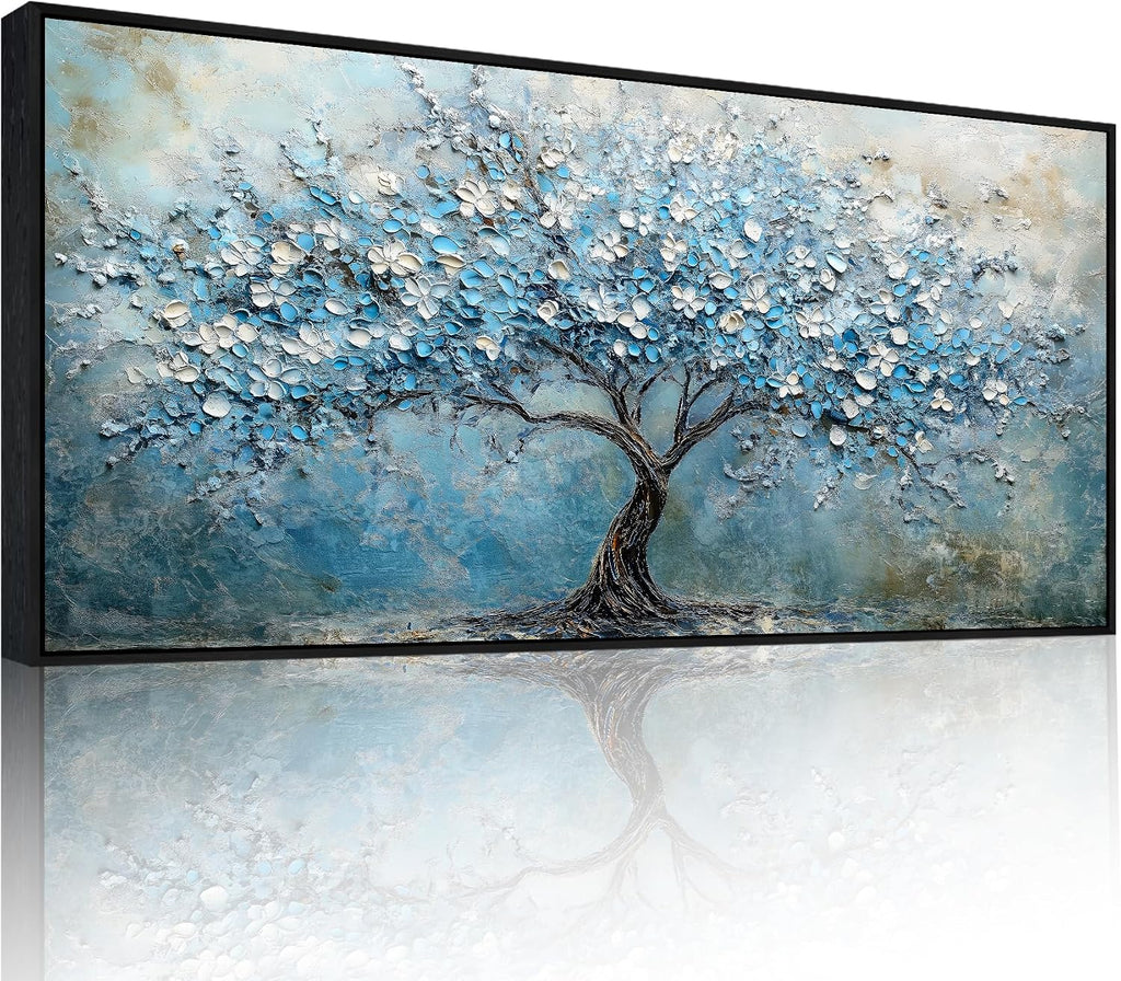 crmotu Tree of Life Wall Art, Large Wall Decor Living Room, Black Framed Wall Art, Cherry Blossom Tree Painting Prints, Modern Japanese Aesthetic Artwork, Blue Big Pictures for Office Hotel 32'x71'