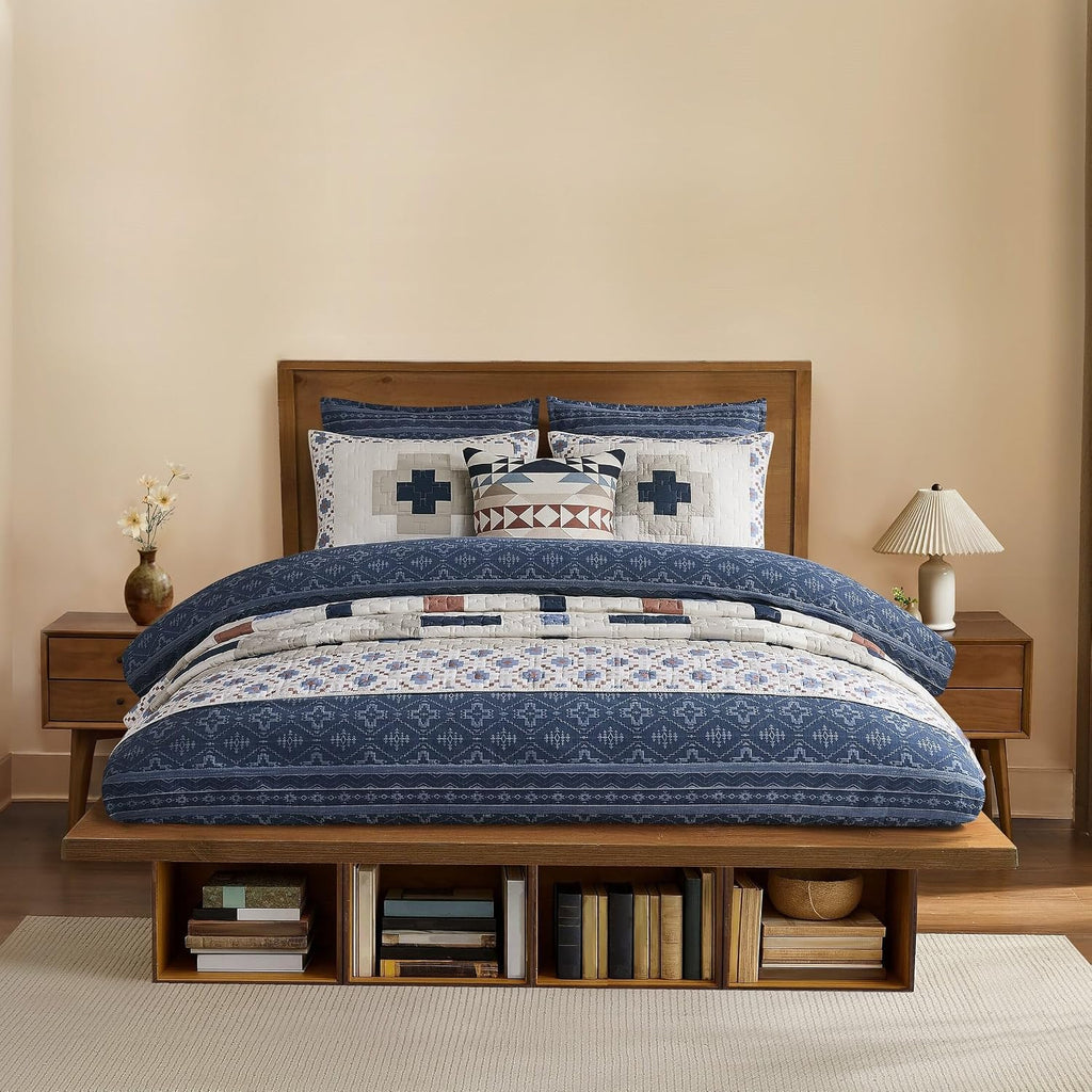 Pendleton 100% Cotton King Comforter Set – 3 Piece Comforter Set with 2 Pillow Shams, Blue Comforter with Geometric Design, Soft & Skin-Friendly Bedding Set (Four Corners) (King)