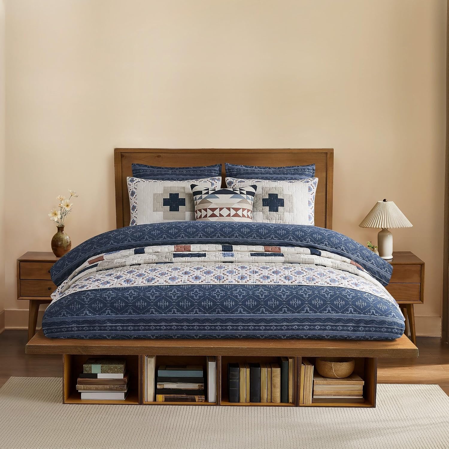 Pendleton 100% Cotton Queen Comforter Set – 3-Piece Comforter Set with 2 Pillow Shams, Blue Comforter with Geometric Design, Soft & Skin-Friendly Bedding Set (Four Corners) (Full/Queen)