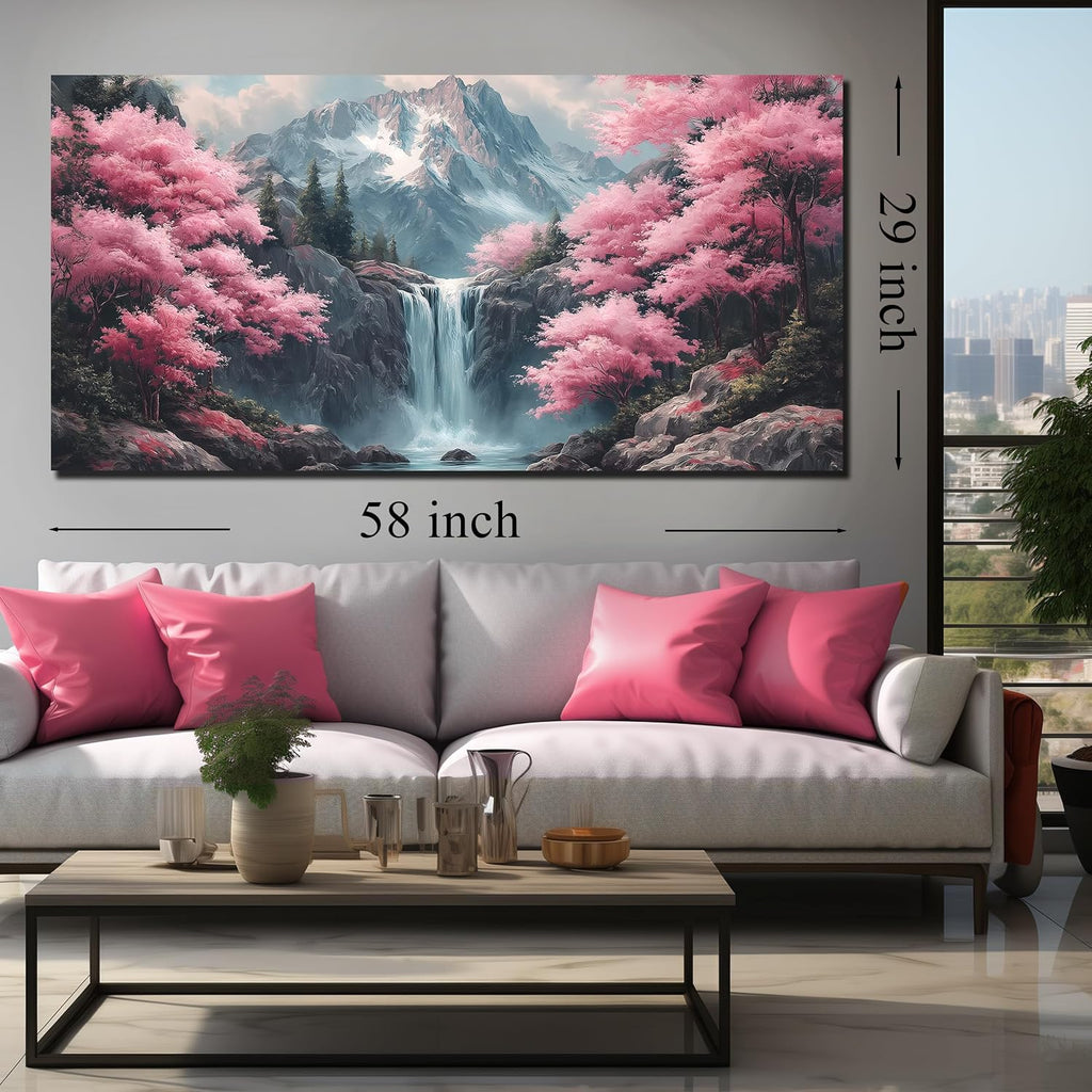 Natural Landscape Pictures for Living Room Mountain Waterfall Pink Tree Wall Decoration,Large Wall Art for Office Ready to Hang 29 x 58 Inch