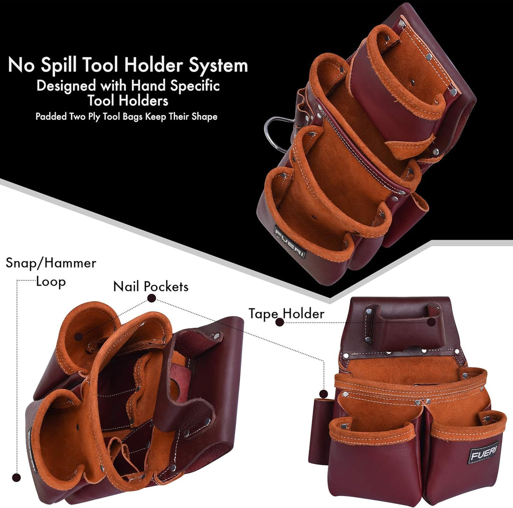 FUERI Leather Tool Belts for Men, Heavy-Duty Durable Carpenter Tool Rig Organizer With 19 Pockets-2 Pouches, Double Hammer Holder, Suspender Loops, And A Foam-Padded Belt for Framers, And Electricians