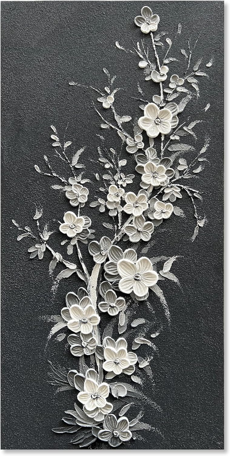 Hand Painted Modern Black and White Art Oil Painting White Plum Blossom Painting 24x48 inch Canvas Wall Art Home Wall Decorative Art
