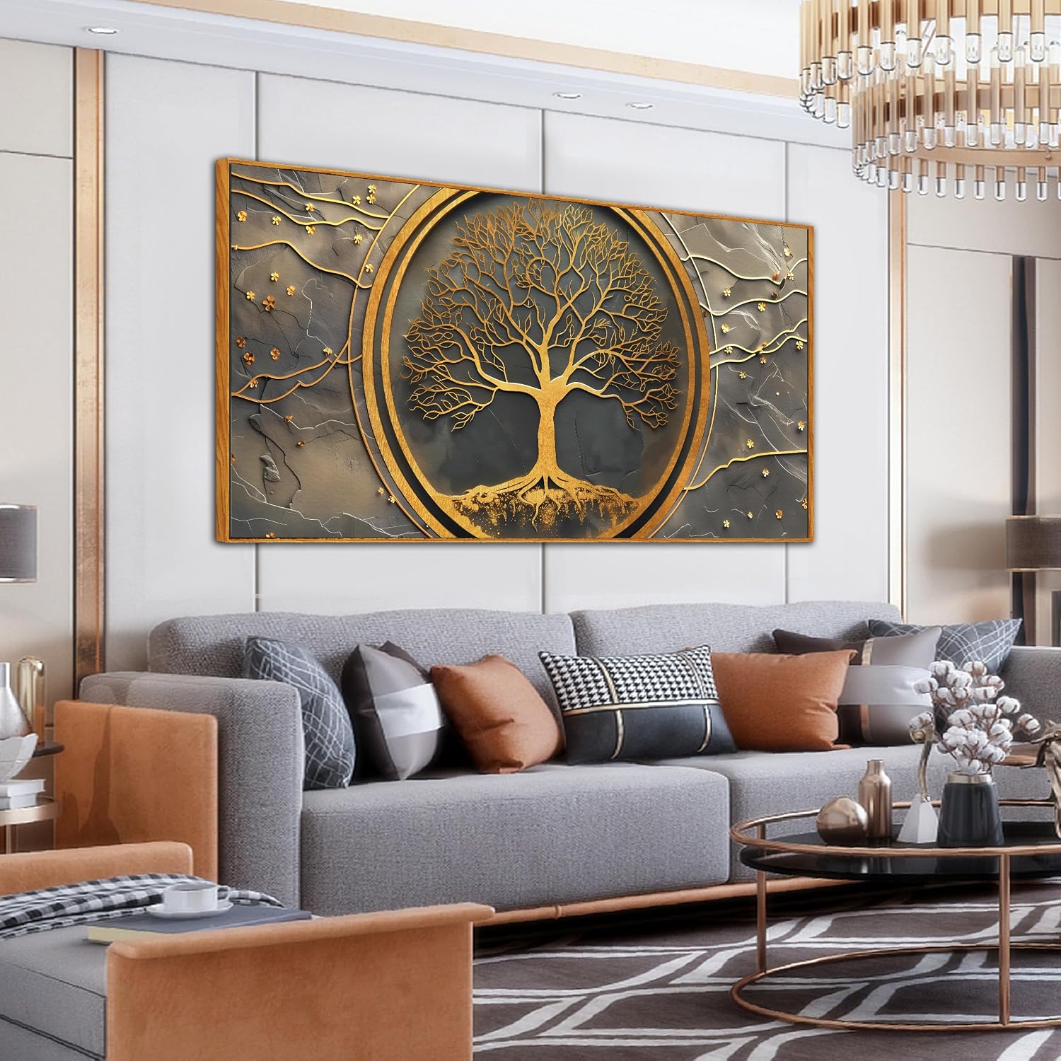 Tree Pictures Wall Art for Living Room - Gold Modern Wall Decor Office - Wooden Framed Wall Art Size 29' x 59'