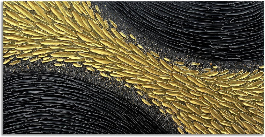 Slyart Black and Gold Wall Art, Large Gold Texture Abstract Art, Contemporary Art Oil Painting, 24'x48' Modern Home Decor for Living Room Bedroom