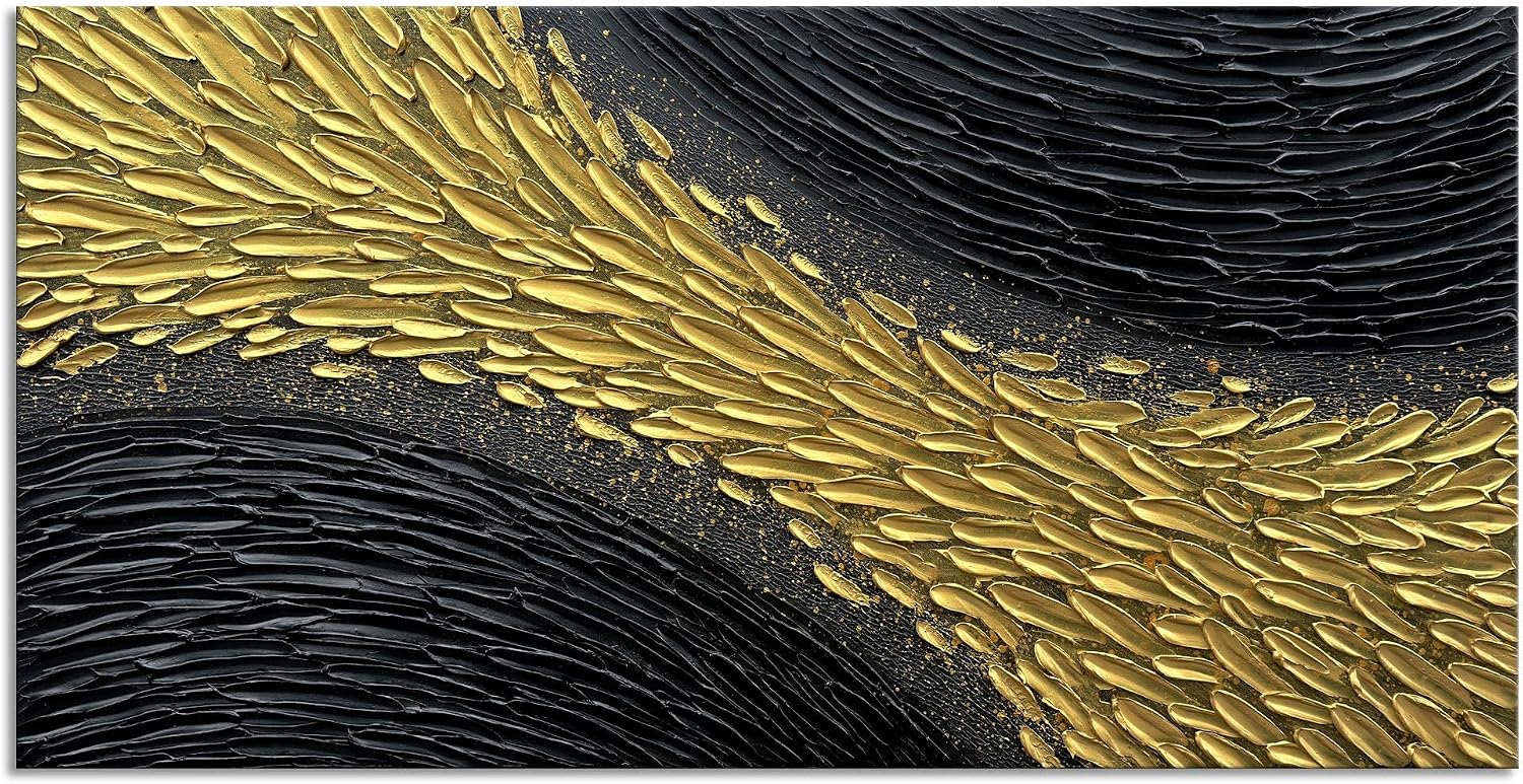 Slyart Black and Gold Wall Art, Large Gold Texture Abstract Art, Contemporary Art Oil Painting, 24'x48' Modern Home Decor for Living Room Bedroom