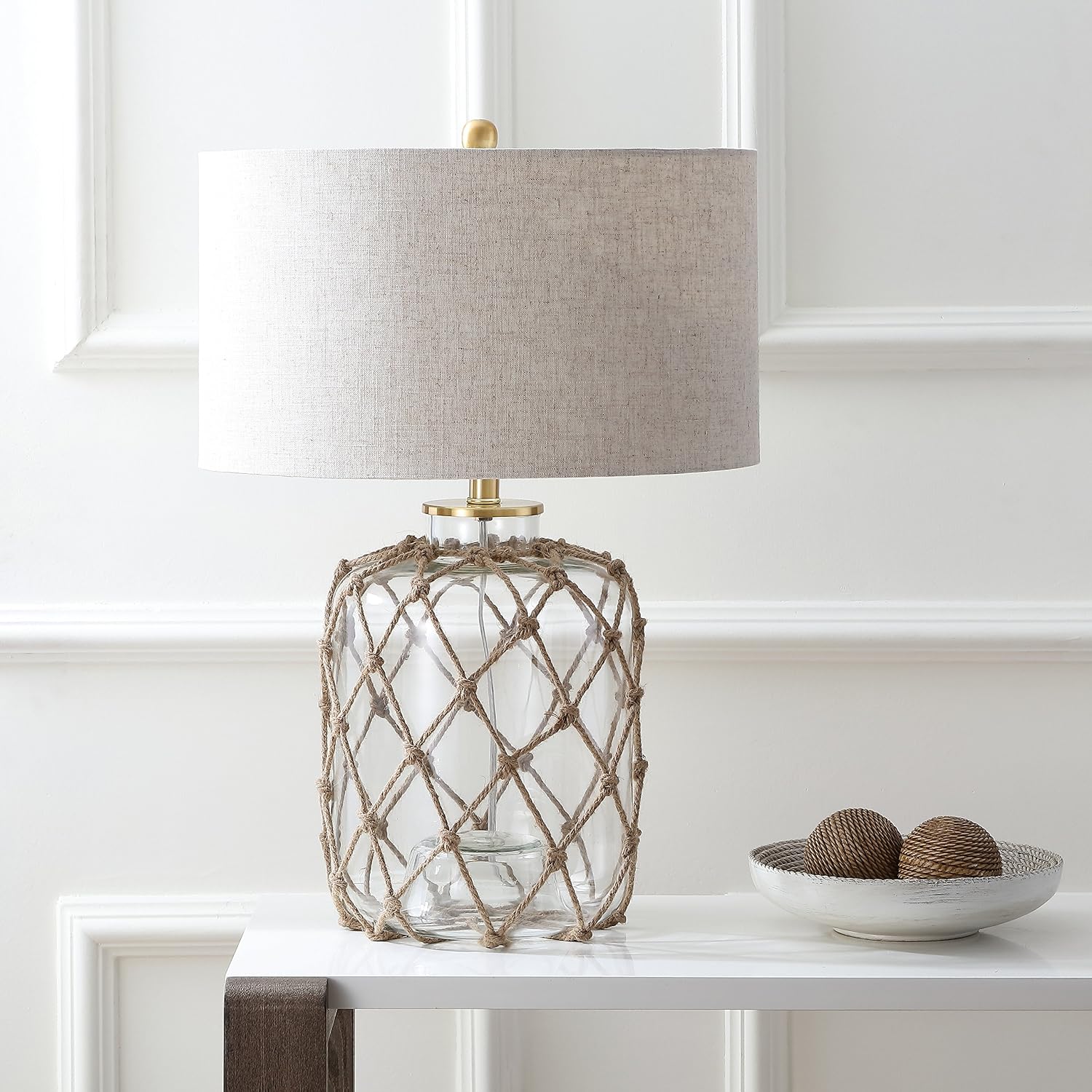 JONATHAN Y 26.5' Brown/Clear Glass and Rope Coastal LED Table Lamp, Nautical Jute Net Lamp for Living Room Bedroom Nightstand, Gray Linen Drum Shade, LED Bulb Included JYL5033A