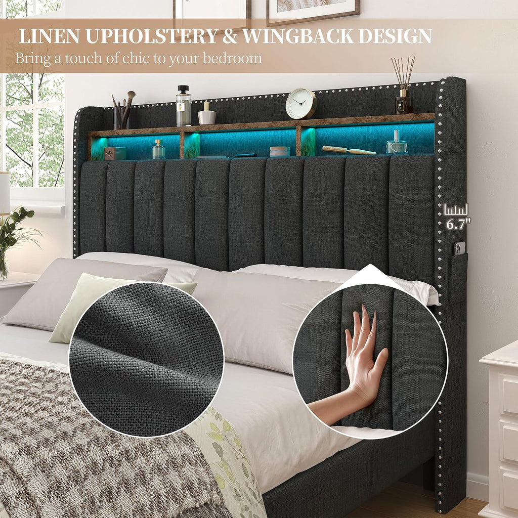 SIBEDS Full LED Bed Frame with 2 Drawers, Upholstered Platform Bed with 2 Tier Storage Wingback Headboard, Linen Channel Tufted Bedframe with Rivet Decor, No Box Spring Needed, Dark Gray