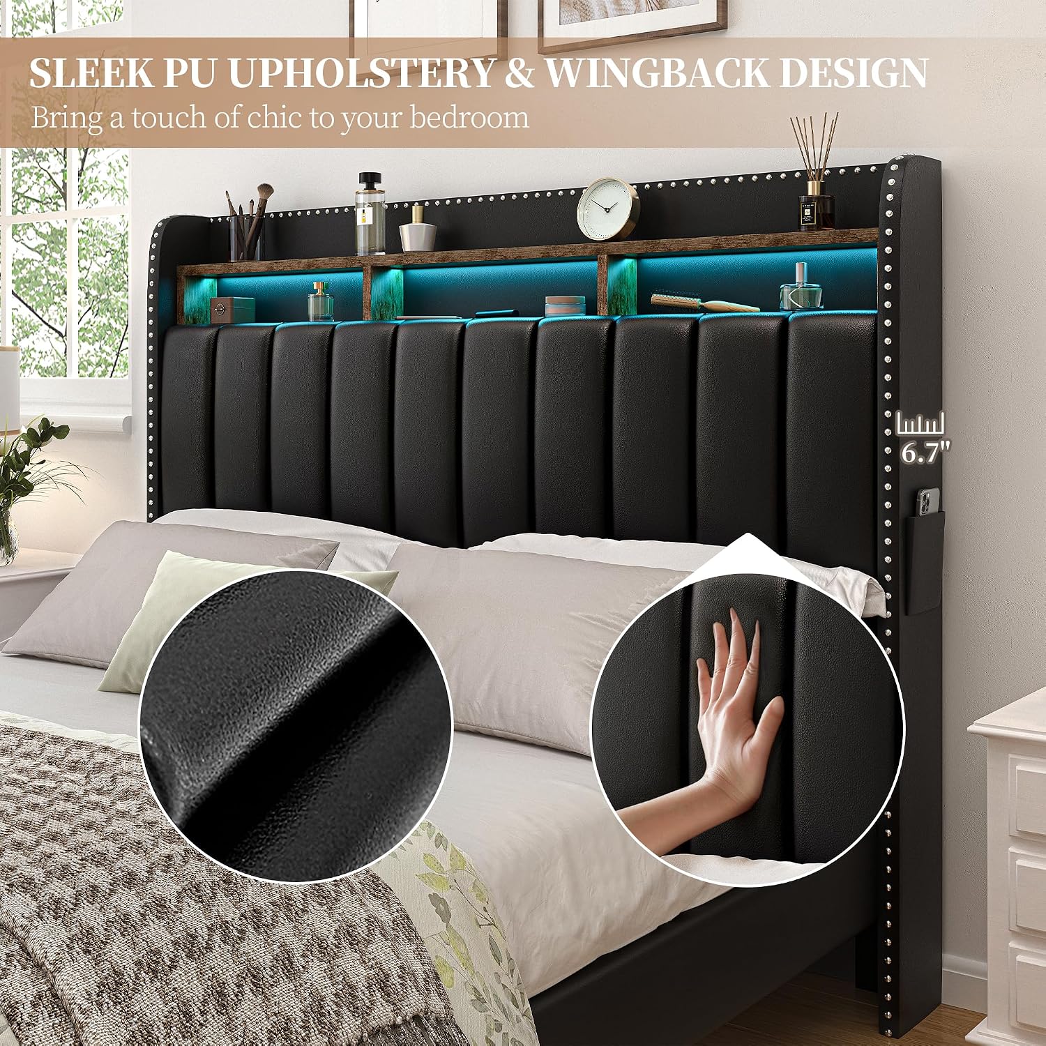 SIBEDS King LED Bed Frame with Headboard, PU Leather Upholstered Platform Bed with 2 Tier Storage and 2 Zippered Fabric Drawers, Channel Tufted Bedframe with Rivet Decor, No Box Spring Needed, Black