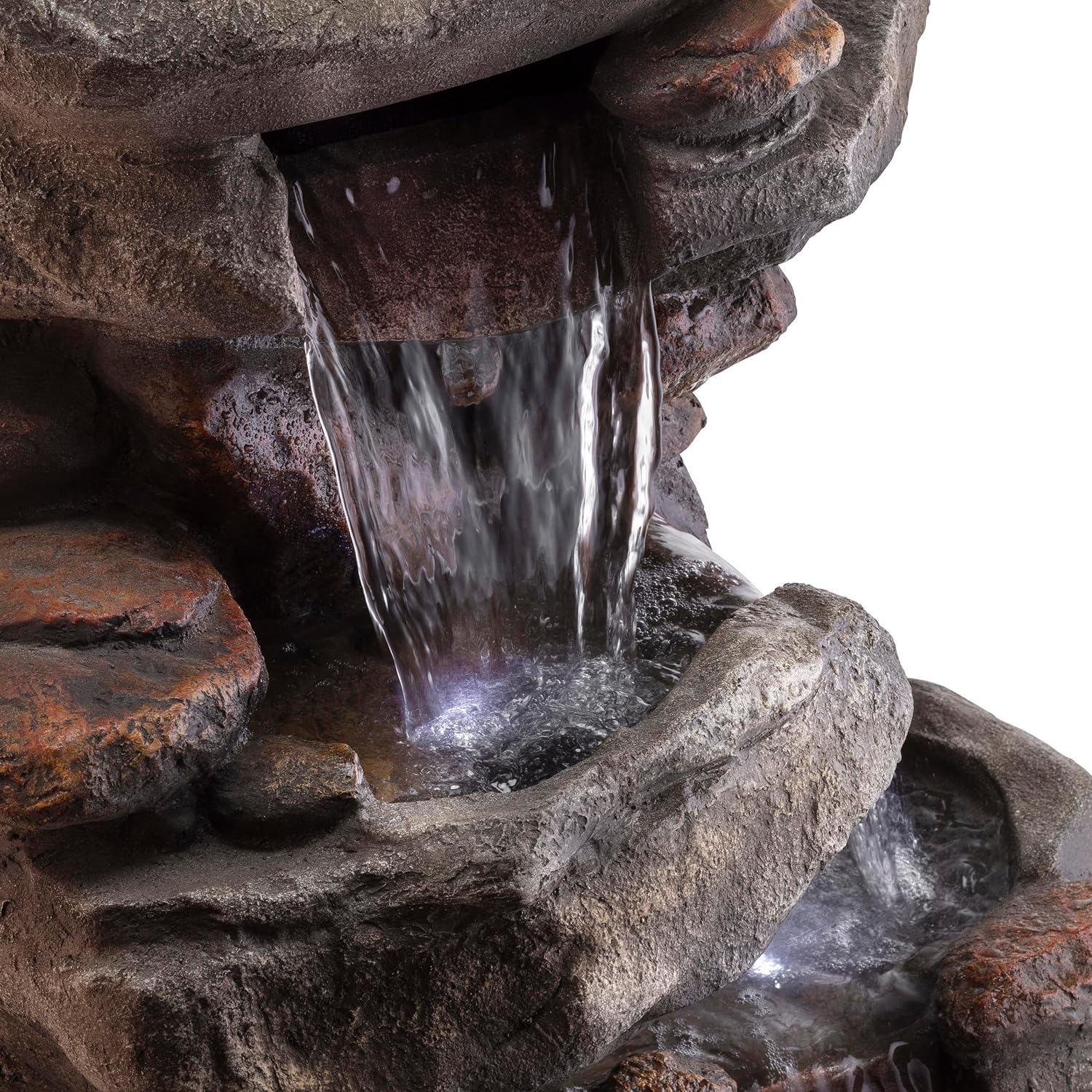 Alpine Corporation | 40' 4-Tier Rock Floor Fountain with Cascading Water & White LED Lights, Tranquil Outdoor Water Feature for Garden, Patio, Yard & Deck, Light Gray