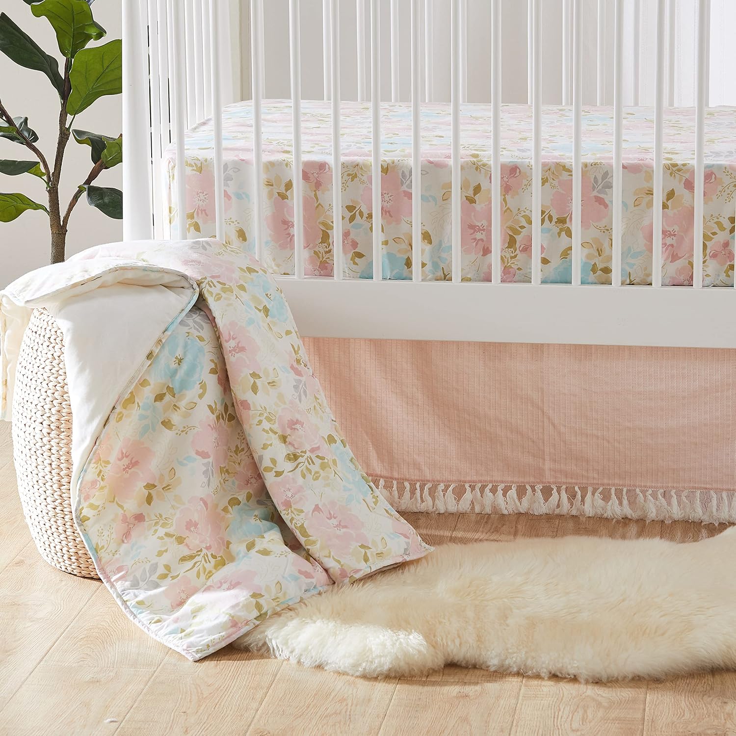 Levtex Baby Nest & Nod Amelia 3pc Bedding Set, Cotton, Pink, (Quilt, Dust Ruffle, Crib Fitted Sheet)