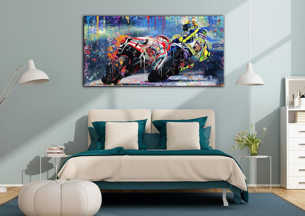 CANEITO Motorcycle Wall Art Living Room, Graffiti Racer Picture Wall Painting Bedroom, Large Sports Canvas Print Posters Wall Decor for Man, 29 x 59 Inch