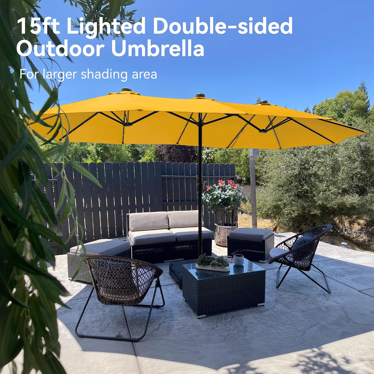 PHI VILLA 15ft Large Patio Umbrella with Solar Lights, Double-Sided Outdoor Market Rectangle Umbrellas with 36 LED Lights, Umbrella Base (Stand) Included, Golden Yellow