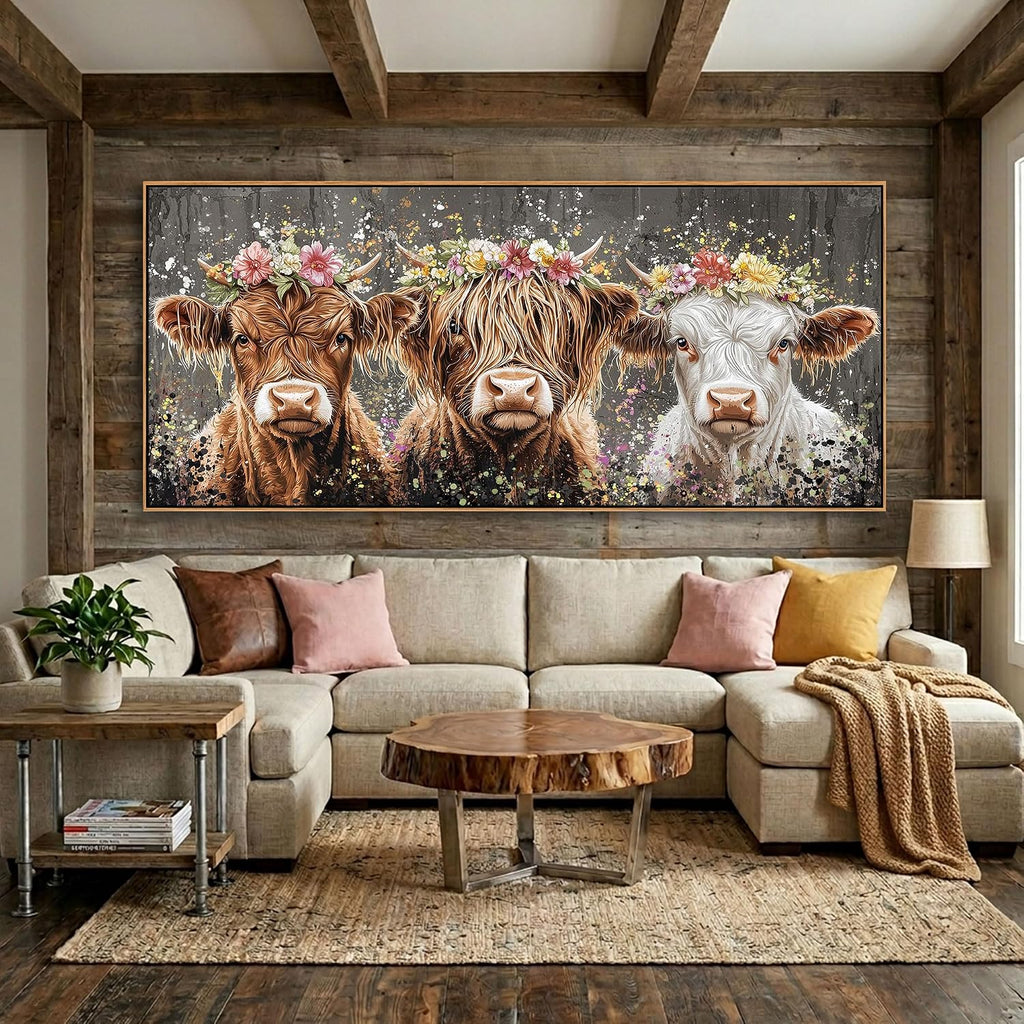 AJAZIKO Highland Cow Wall Art - Farmhouse & Rustic Country Wall Decor, Large Canvas Pictures for Living Room, Above Bed Artwork for Walls - Western Decorations